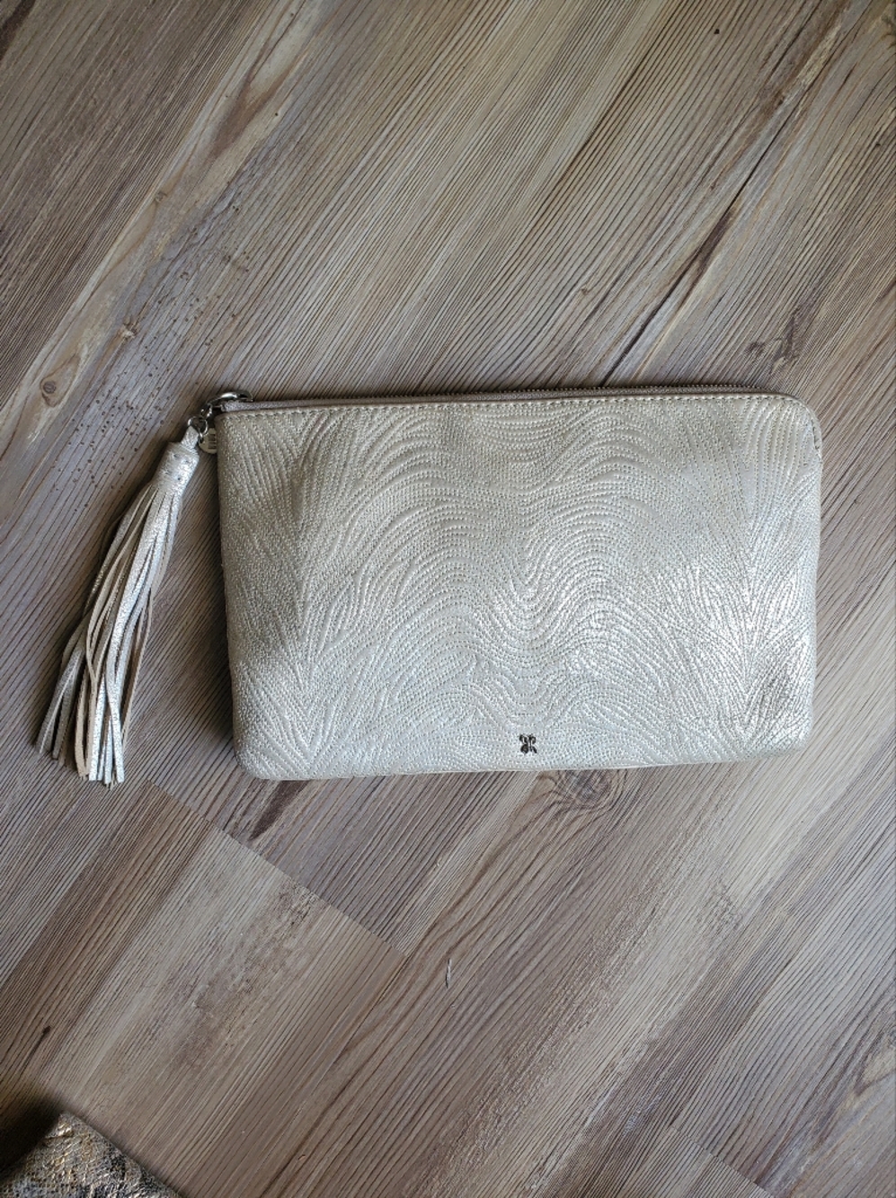 HOBO Wayfare Silver Textured Tassel Wristlet Clutch